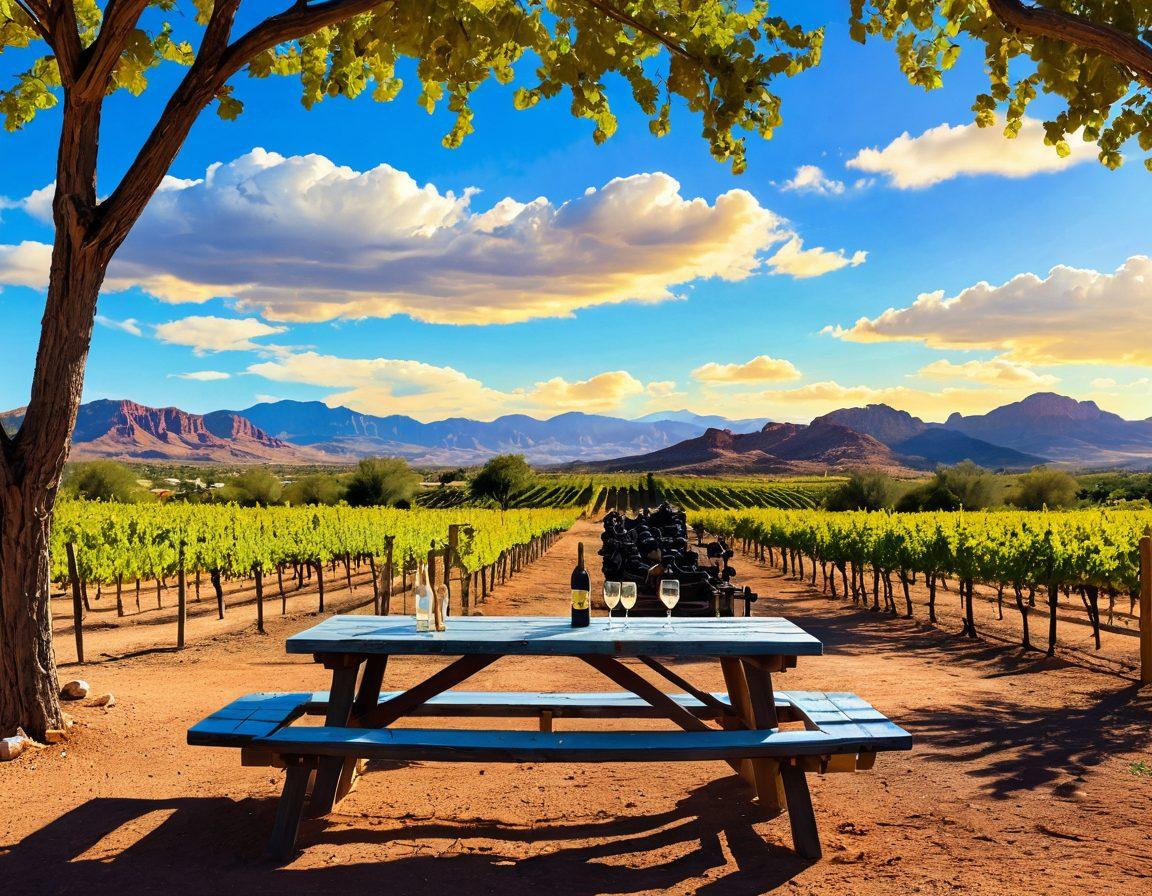 A scenic Arizona vineyard bathed in golden sunlight, with rows of lush grapevines, a rustic wooden signpost with arrow indicators for wine laws, and a backdrop of the stunning Arizona desert landscape. Include a couple of wine enthusiasts discussing over a picnic table with glasses of wine in hand. Bright blue sky with a few fluffy clouds. super-realistic. vibrant colors. 3D.