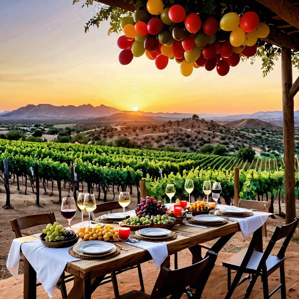 A picturesque landscape of Arizona's rolling vineyards under a golden sunset, with clusters of ripe grapes hanging from lush vines. A rustic wooden table adorned with wine glasses filled with red and white wines, surrounded by elegant appetizers. In the background, celebratory balloons and banners showcasing harvest festivals, creating a festive atmosphere. Add a touch of vibrant colors and a warm glow to evoke a sense of celebration. super-realistic. vibrant colors. 3D.