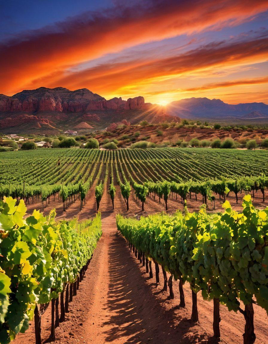 A scenic view of Arizona's rolling vineyards under a vibrant sunset, showcasing lush grapevines with clusters of ripe grapes. Include elements like a charming small-town festival with wine tasting booths, and a backdrop of distinct red rock formations. Highlight details such as wine glasses and festive decorations to convey a lively atmosphere. Evoke a sense of community and celebration in the scene. super-realistic. vibrant colors. sunset lighting.
